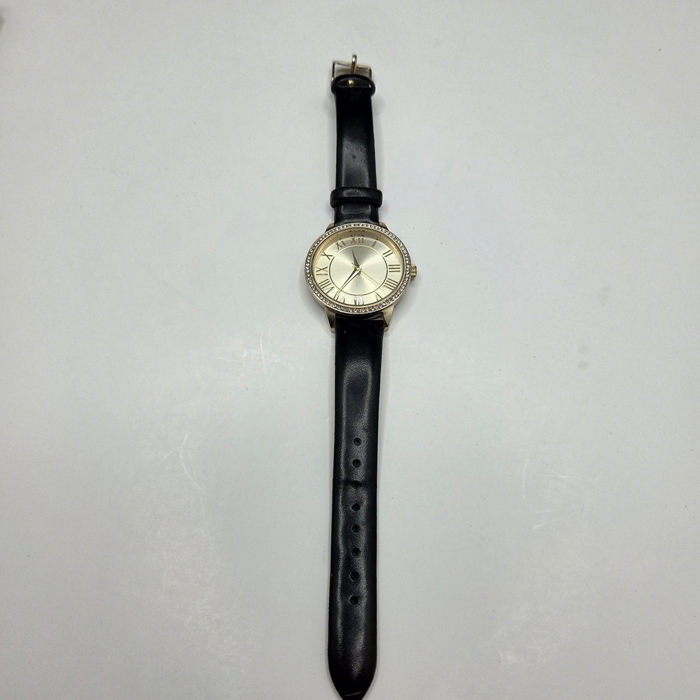FMD Women Watch FMDAL384 Gold Tone Rhinestone Roman Numeral Black Leather Strap